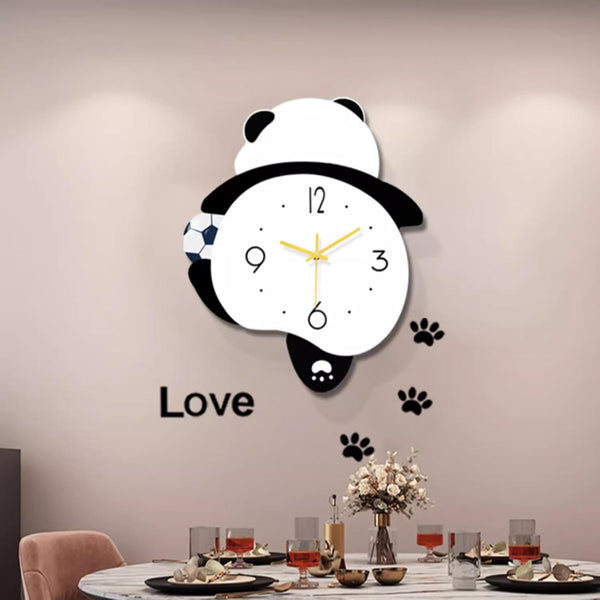 Soccer Panda Wall Clock, Football Playing Panda Wall Clock with Pendulum and LED Light, Animal Swinging Silent Wall Clock Hanging Clock, Living Room and Kids Room, Home Decoration Hanging Clock for Birthday Party Gifts